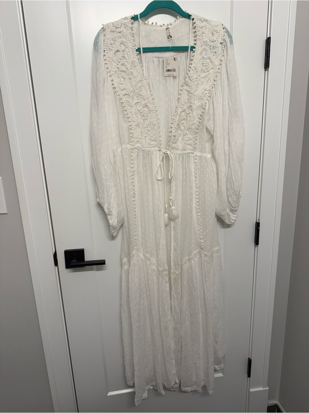 Free People Cream Lace-Trim Tie-Waist Maxi Duster